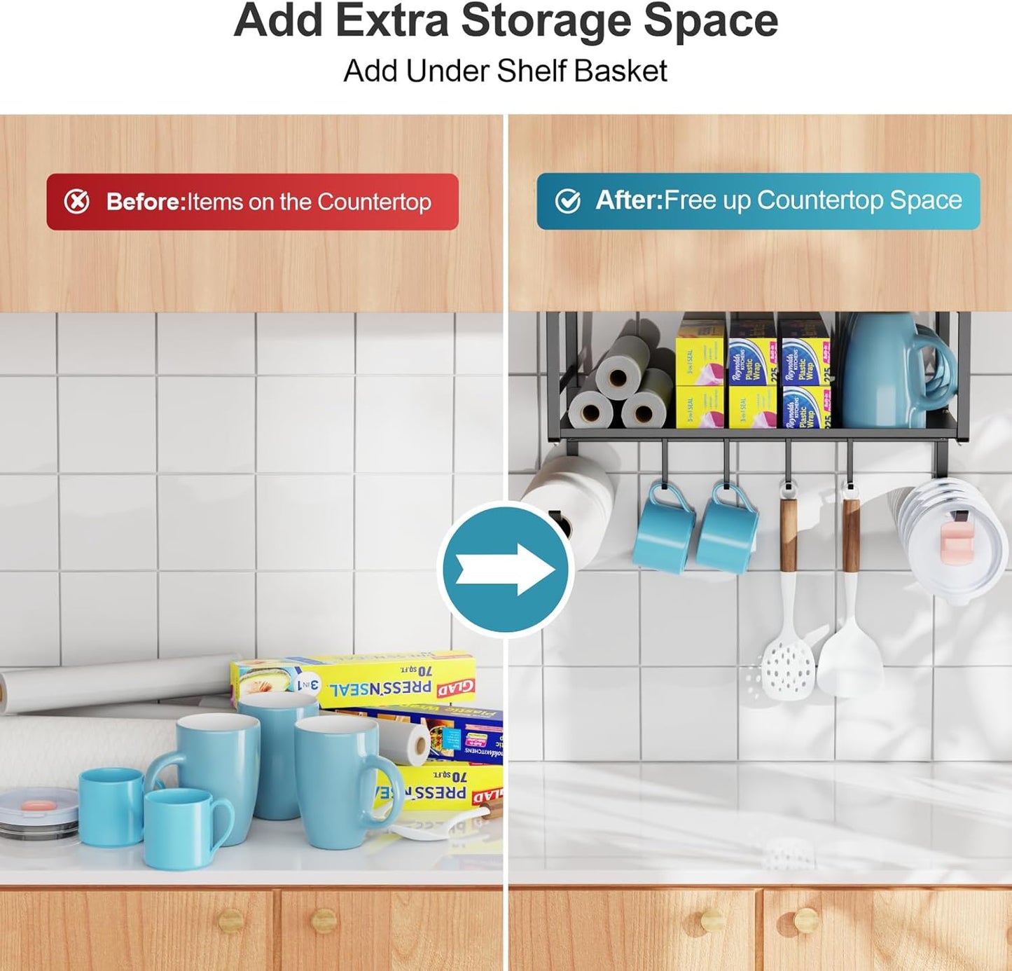 iSPECLE Under Shelf Basket- Multi-Purpose Under Shelf Storage Mug Hooks, Add Extra Storage Space Under Cabinet