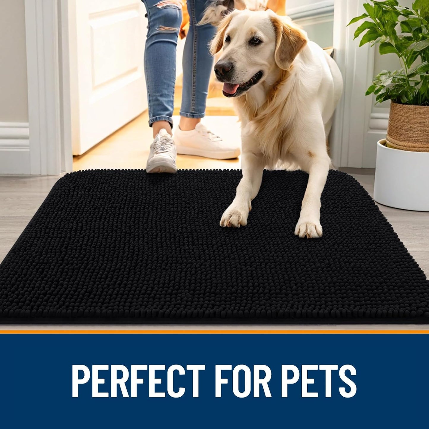 OLANLY Dog Door Mat - Absorbent Non-Slip Chenille Mat for Muddy Paws | 59x35 Inches, Quick Dry, Black