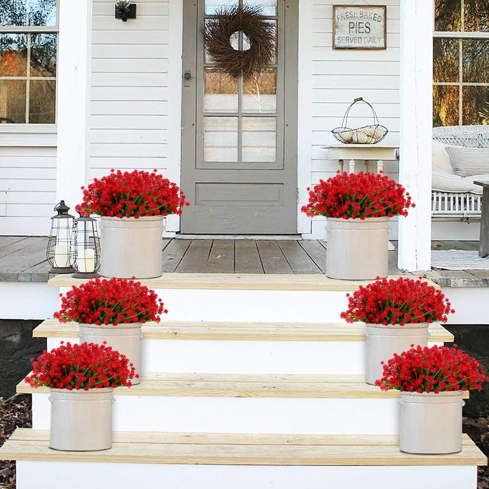 GREENRAIN 6 Bundles Red Artificial Lotus Flowers, UV Resistant Faux Plastic Plants for Garden Décor