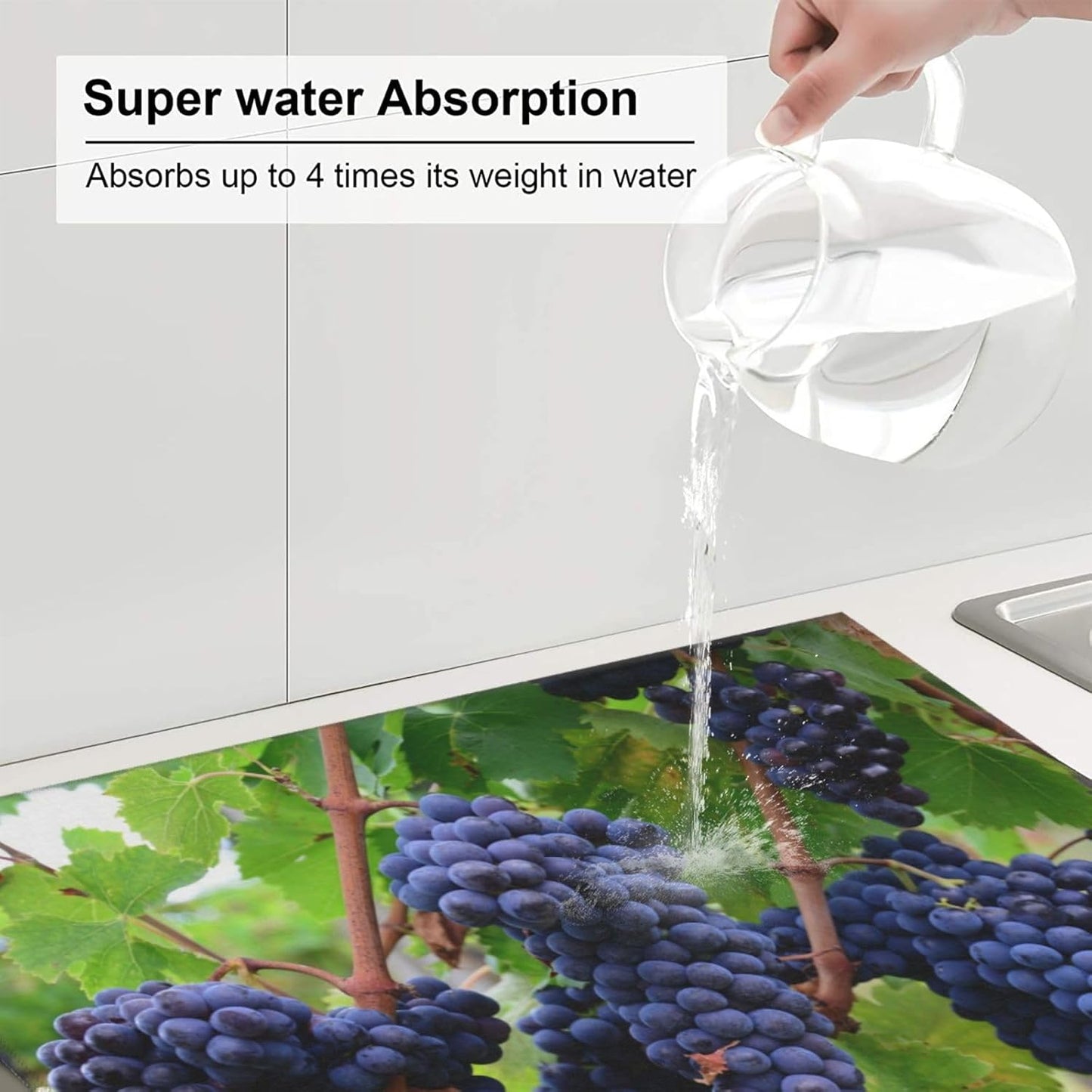 Fruit Purple Grapes Photo Absorbent Dish Drying Mats for Kitchen, Reversible Dish Pad Drainer Countertop Mats 18 x 16 In