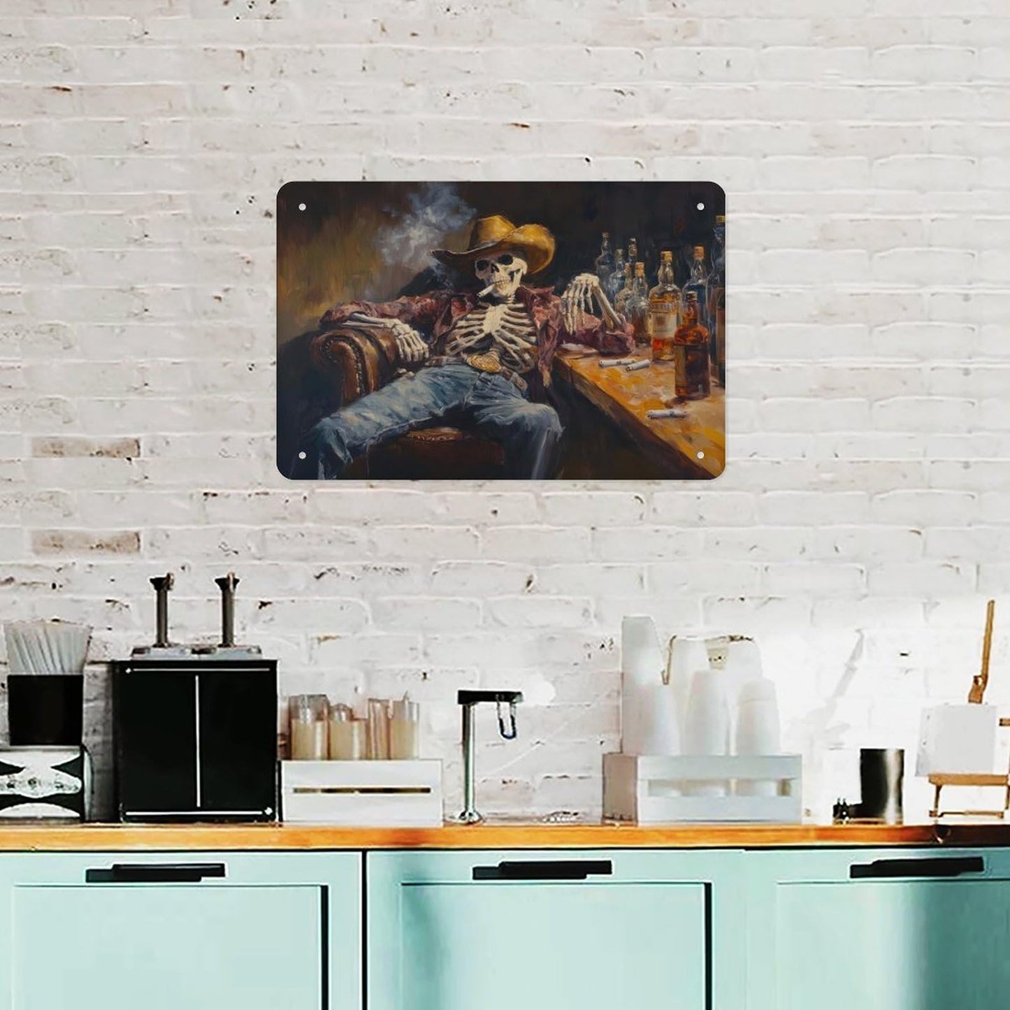 Metal Sign Poster 8x12 Inch Wild West Skeleton Cowboy in A Bar Oil Painting Print Western Wall Art Road Trip Gift Southwestern Art Decor