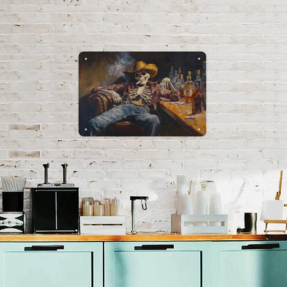 Metal Sign Poster 8x12 Inch Wild West Skeleton Cowboy in A Bar Oil Painting Print Western Wall Art Road Trip Gift Southwestern Art Decor