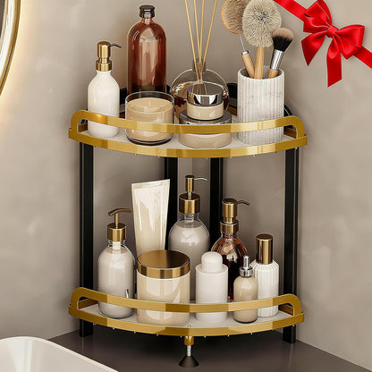 2 Countertop Counter 9''W 9''L 13.78''H Tier Bathroom Organizer XL Corner Shelf, Black Gold Bathroom Organizers, Large