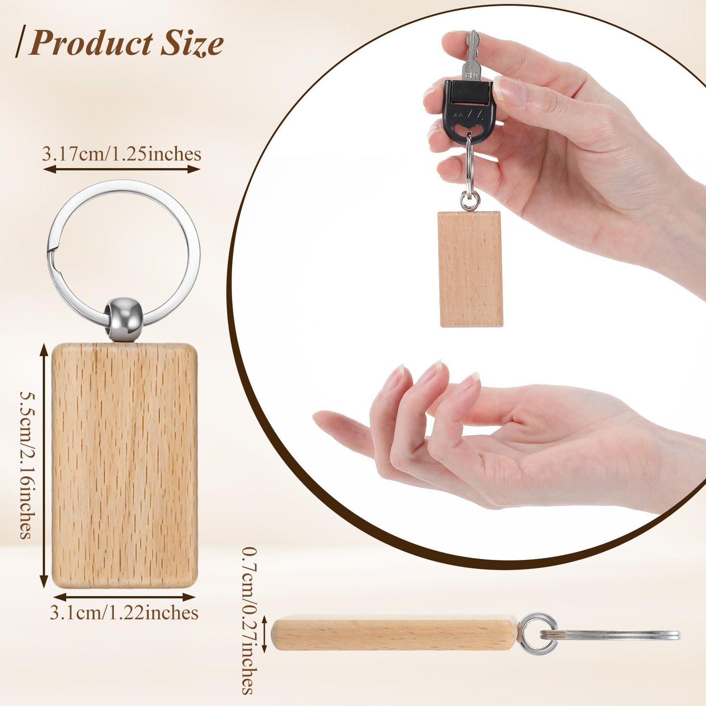 PercyEffie 60 Pcs Wooden Keychain Blanks Bulk, Rectangle Wood Key Chains Laser Engraving Unfinished Slice with 60 pcs Ring Key Tag for DIY Crafts Gift Accessories 2×1.2 inch