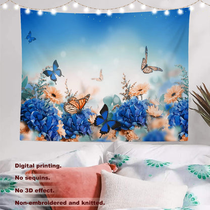 Batmerry Yellow and Blue Floral Tapestry, Colorful Butterflies on Yellow Background, 51.2 x 59.1 Inches