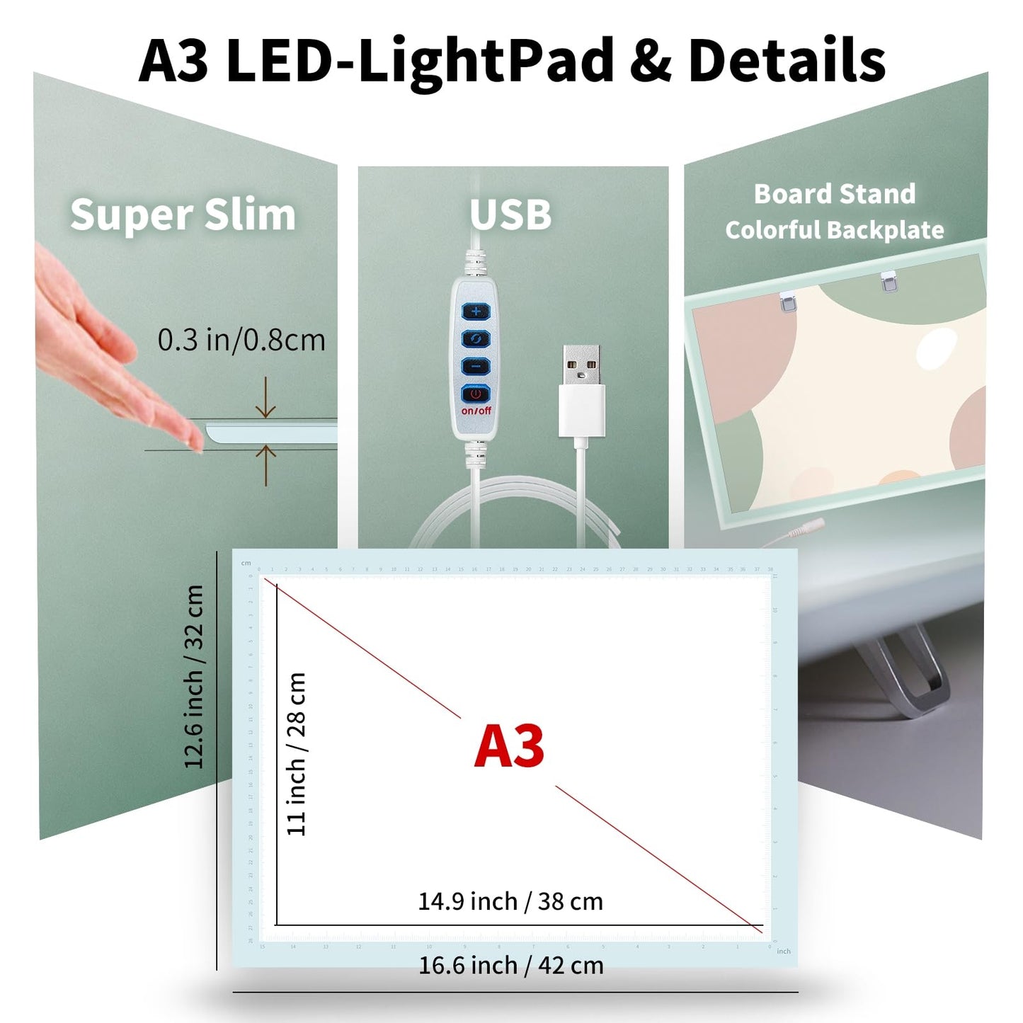 A3 Artist Tracing Light Box/Copy Board with 10-Level Dimming Switch, Art Craft Light Pad Suitable for Tattoo Drawing, Sketching, and Animation, 3 Color Light Modes Super Bright for Diamond Painting