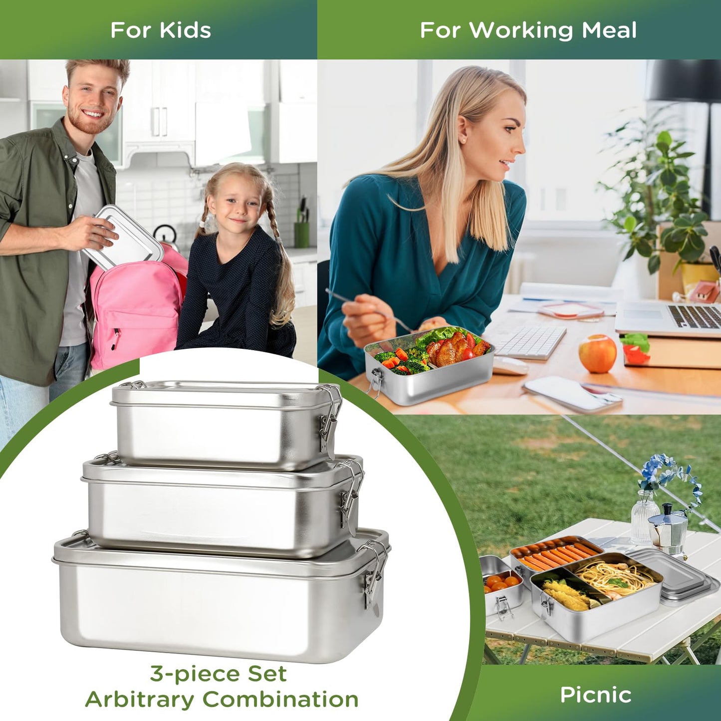 304 Stainless Steel Bento Box 3 Pack Stainless Steel Containers With Lids 81oz/47oz/29oz,Leak-Proof & Stackable Storage Stainless Steel Food Storage Containers for Soup Salad Leftover