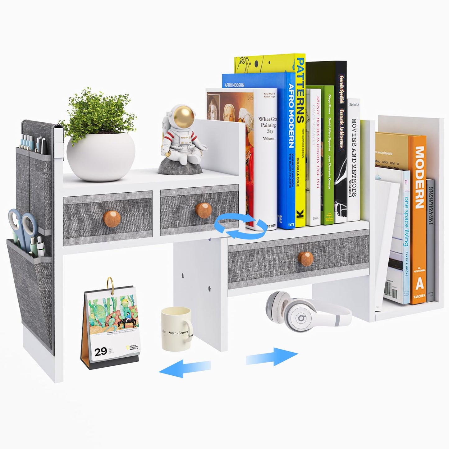 X-cosrack Adjustable Desk Shelves for Storage, Desktop Bookshelf with 3 Drawers, White Wood Desk Shelf for Top of Desk, Corner Desktop Organizer for Women Office
