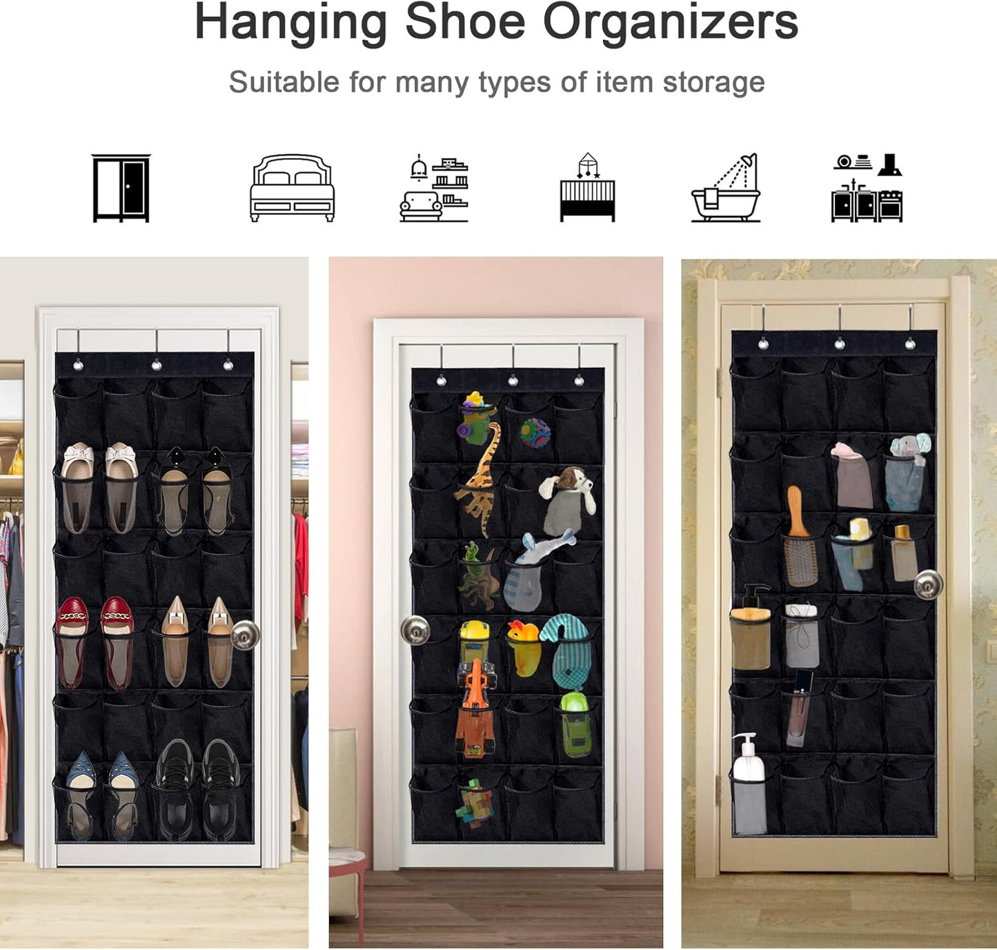 Over the Door Shoe Organizer - Black Mesh Organizer with 24 Pockets and Hooks for Space Saving Shoe Storage