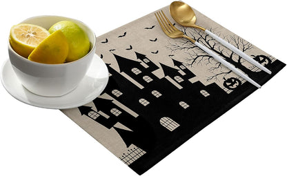 Halloween Placemats Set of 4, Cotton Linen Place Mats with Castle Witch, Pumpkin Lamp, Bat for Dinner Party
