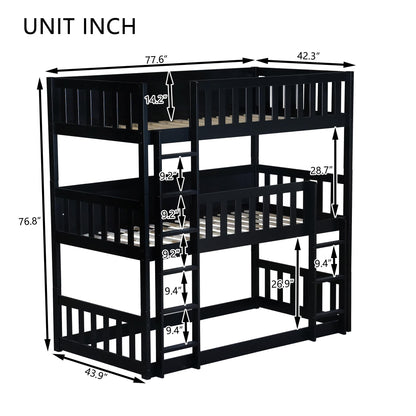 Solid Wood Triple Bunk Bed for 3 Kids, 3 Bed Bunk Beds with Two Built-in Ladders,Twin Over Twin Over Twin Triple Bunk Bed,Detachable Triple Bunk Beds Twin Size,Black