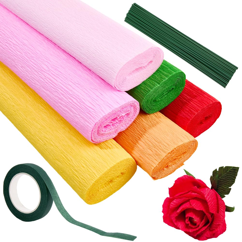 CRASPIRE 58Pcs Crepe Paper Flower DIY Kits Colourful Paper Crepe Paper Sheets 36M Green Tape 50Pcs Floral Iron Wire for Wedding Birthday Holiday Party Decor(9.84inx8.2ft/Roll)