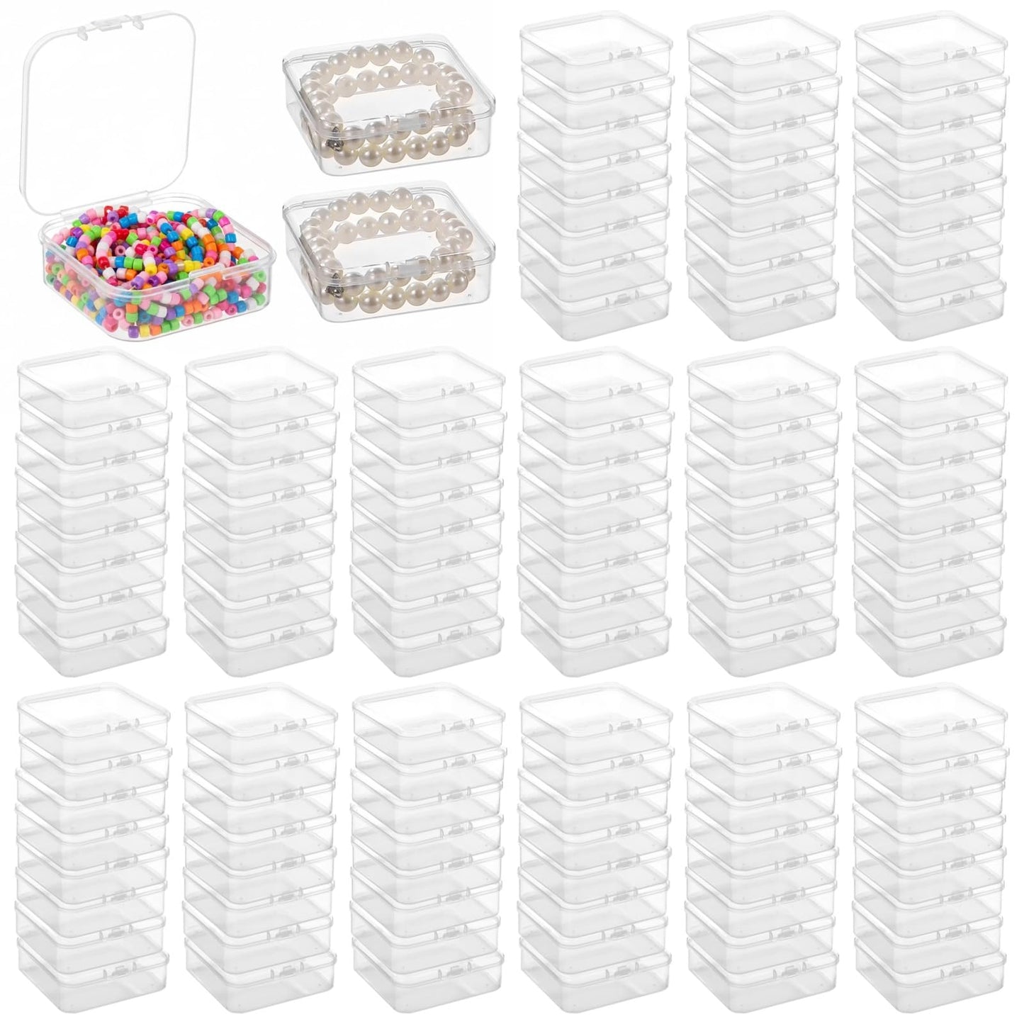 100 Pcs Plastic Bead Storage Containers, 2.2 x 2.2 x 0.8" Small Storage Boxes, Clear Square Containers with Hinged Lids, Mini Organizer Cases for Jewelry, Crafts, Small Items, Parts