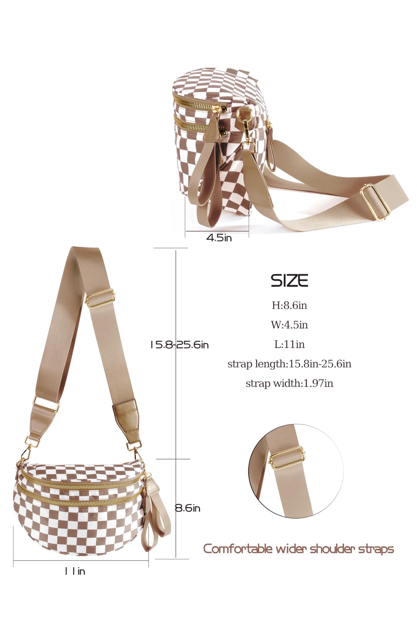 Spacious Checkered Nylon Crossbody Bag Bum Bag Checkered Handbags Wallets for Women