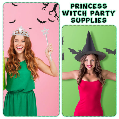 Yoloodayy 24 Pcs Witch Hats Brooms and Princess Crowns Star Wands Set Glitter Princess Accessories for Adults Witch Party Supplies Christmas Pink Green Party Decor Photo Props