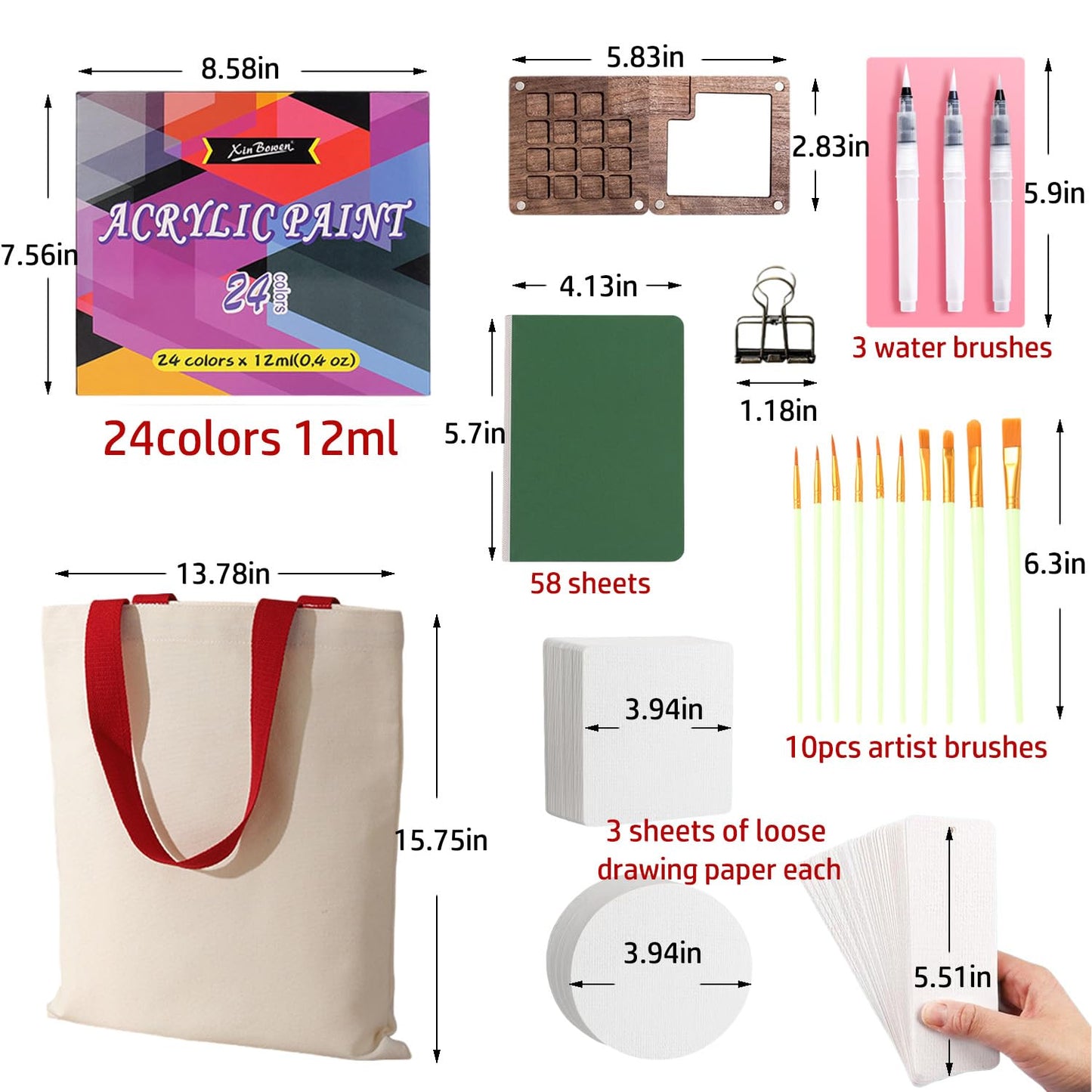 fsdyknej Portable Painting Kit for Adults, Travel Art Set with Mini Wooden Palette, Canvas Tote Bag, Brushes, Blank Cards and Bookmarks for DIY Creative Projects
