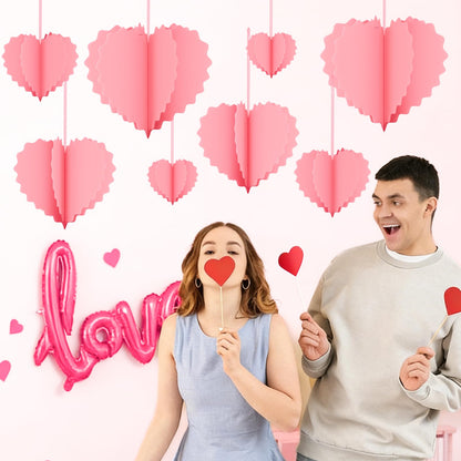 Valentines Day Decorations - 8 Pcs Pink 3D Valentines Hanging Hearts Ornaments Paper Valentines Tree Decorations for Valentines, Wedding, Engagement, Anniversary, Galentines Party Décor