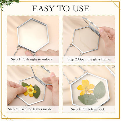 Bucherry 5 Pcs Glass Frame for DIY Pressed Flowers Art Hanging Photo Picture Frame with Chain and 6 Styles Pressed Flowers Collage Glass Craft Frames for Wall Decor Display Gallery (Silver)