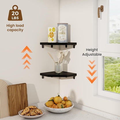 Set 2 7in Fun Memories Corner Shelf Wall Mount of - Solid Oak Wood Floating Corner Shelf with Cable Hole, Rustic Design