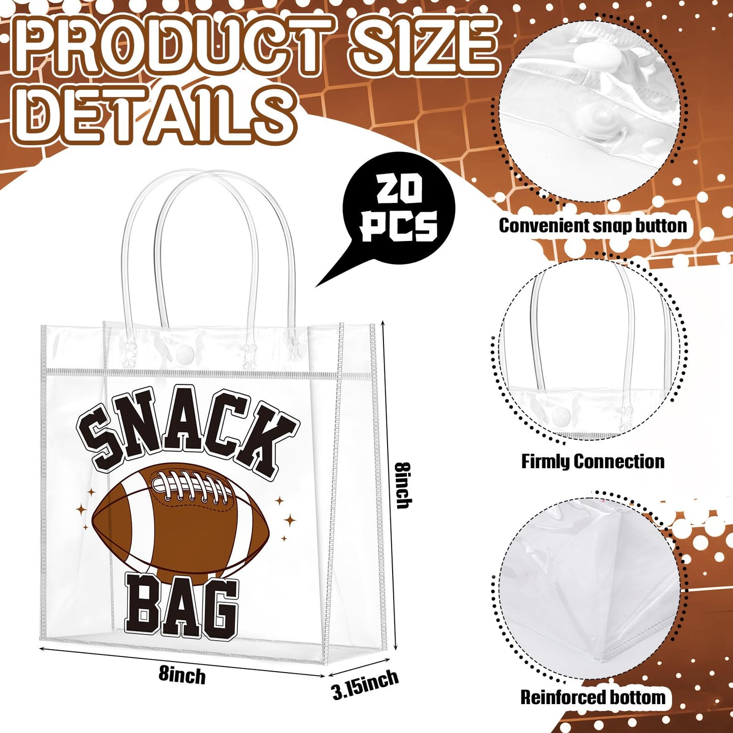 Wesnoy 20 Pcs Football Snack Bags with Handles Reusable Football Treat Bags for Candy Birthday Party Favor Supplies 8 x 8 x 3.15''