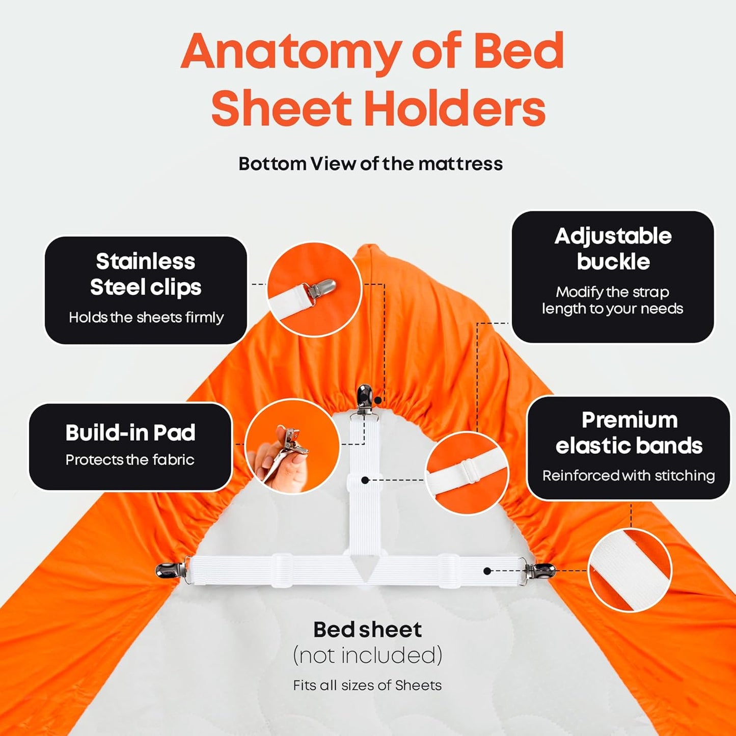 5 STARS UNITED Bed Sheet Straps Set | Adjustable Elastic Fasteners with Metal Clips | Sheet Holders for Corners |