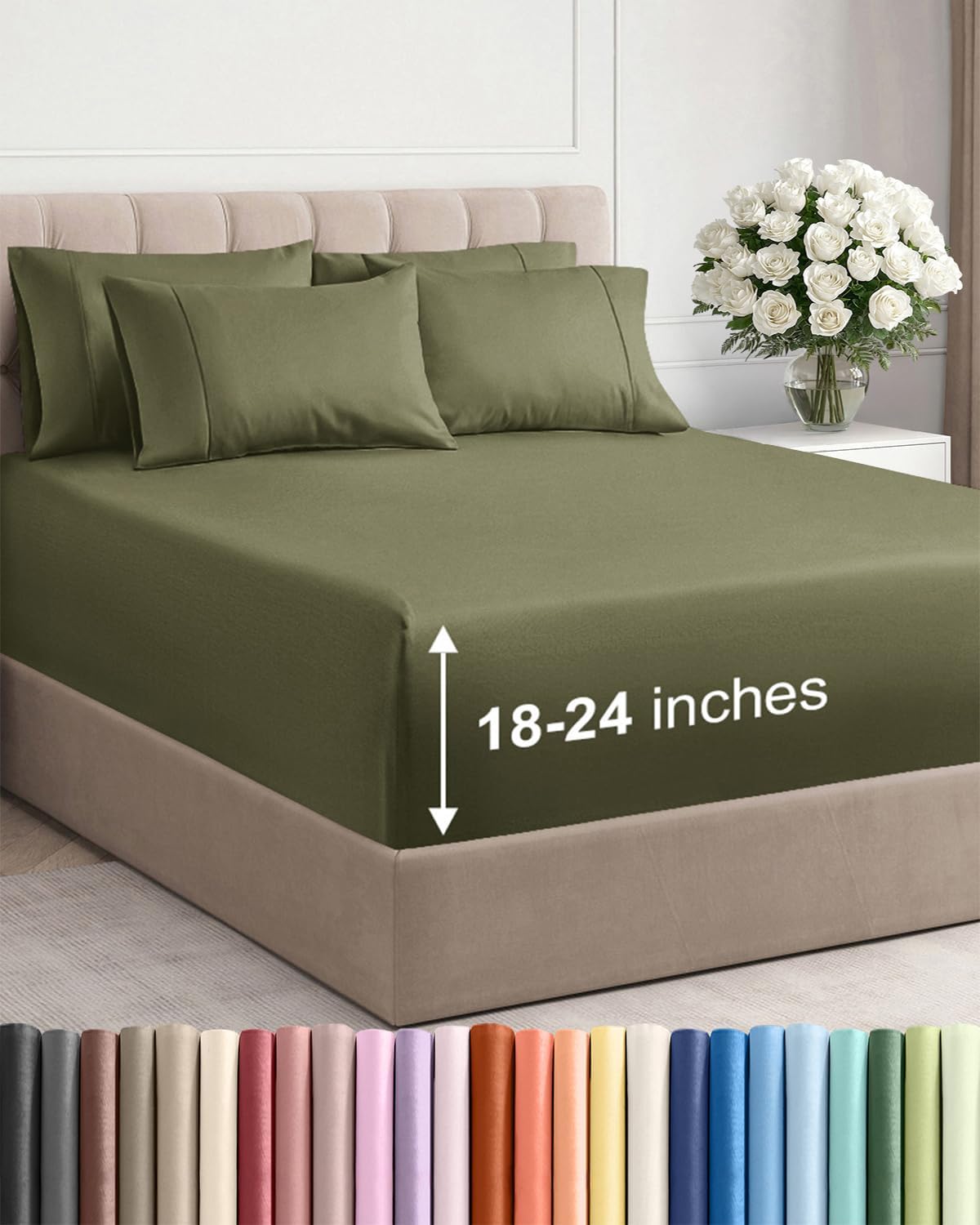 Skiennix Extra Deep Queen Sheet Set | 6-Piece Breathable Cooling Bedding - Soft, Wrinkle-Free, Sage Green