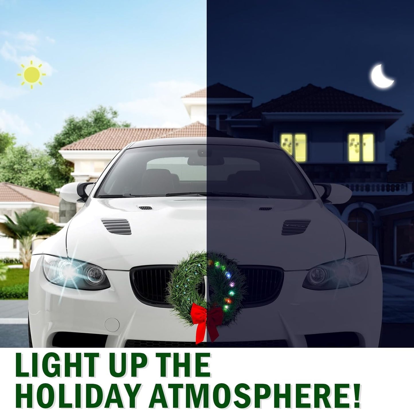 12V moveland LED Car Wreath with Remote Control - RGB Changeable Christmas Wreath for Car Grill - Fits Jeeps Trucks