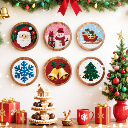 ACRNIGHEET 6Pcs Christmas Punch Needle Kits for Adults Beginners, 6.7" Diameter Punch Needle Embroidery Kit Include Instructions Pre-Printed Pattern Embroidery Hoop Yarns Needles DIY Crafts Gifts Idea