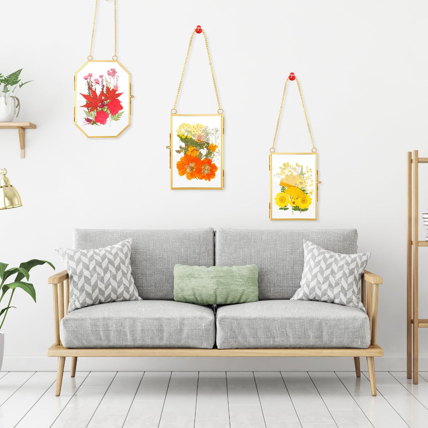 Barydat 8 Set Double Glass Pressed Flower Frames Gifts Wall Hanging Photo Picture Frame with Bag Dried Flowers Chains Gift for Artwork Frame Home Decor Plant Photo Display, 8 Shapes(Gold)
