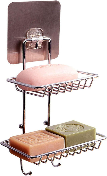 2 Tier Soap Dish with Hooks - Stainless Steel Wall Mounted Soap Holder for Shower Bathroom Kitchen, No Drilling