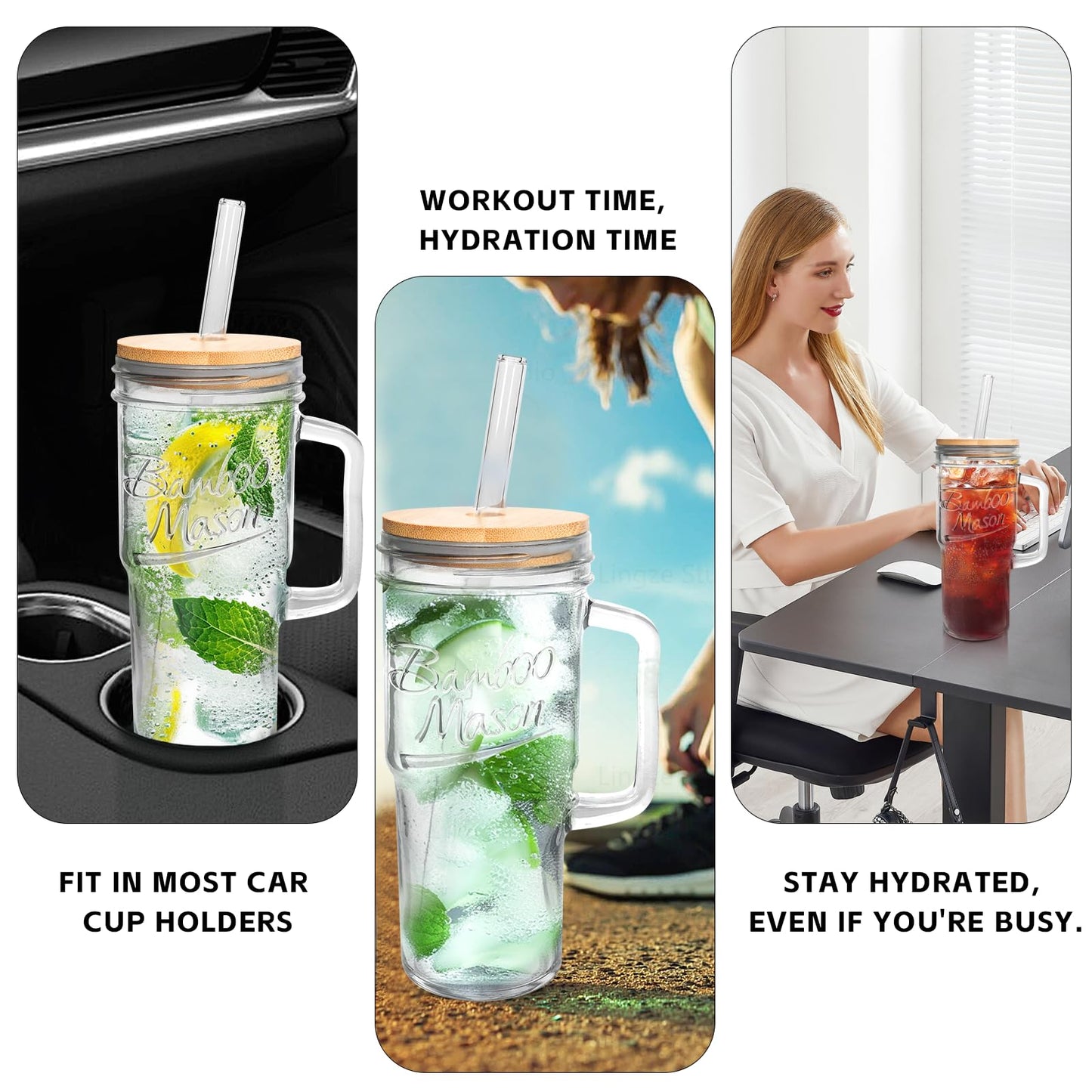 ANOTION Glass Cups with Lids and Straws - 24oz Tumbler with Handle Coffee Cups Glass Straws Glasses Mason Jar Cups Drinking Set Kitchen Essentials Coffee Bar Accessories House Warming Gifts New Home