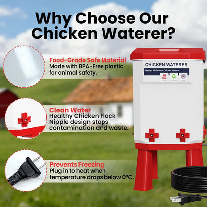3.2 4 110V Quails,12L (1 Gallon Heated Chicken Waterer with Nipple Drinkers - Adjustable Height, BPA-Free