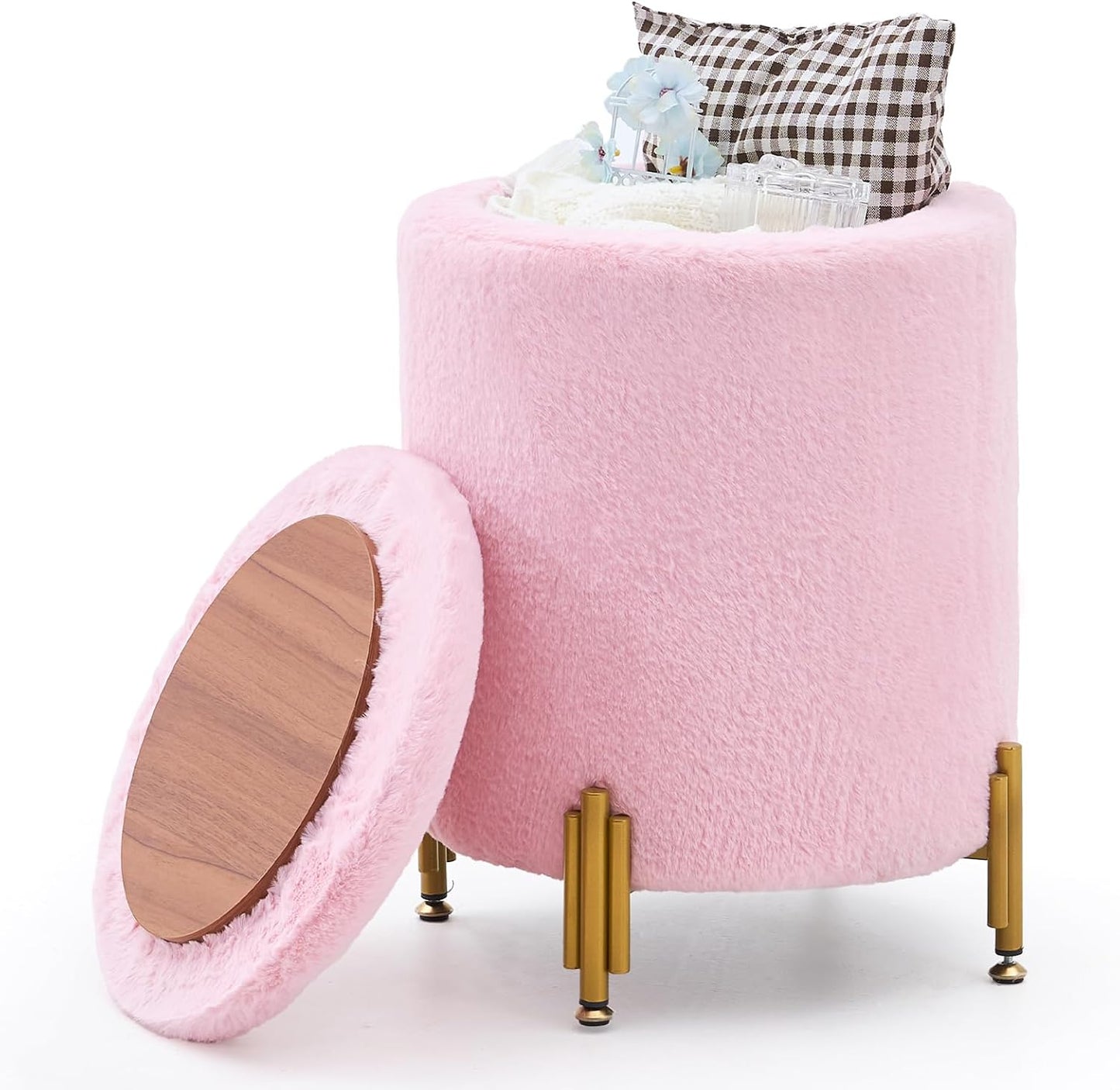 300lbs Mxfurhawa Round Ottoman Foot Stool with Storage and Metal Legs for Living Room Bedroom, Velvet Upholstered