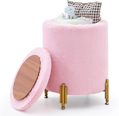 300lbs Mxfurhawa Round Ottoman Foot Stool with Storage and Metal Legs for Living Room Bedroom, Velvet Upholstered