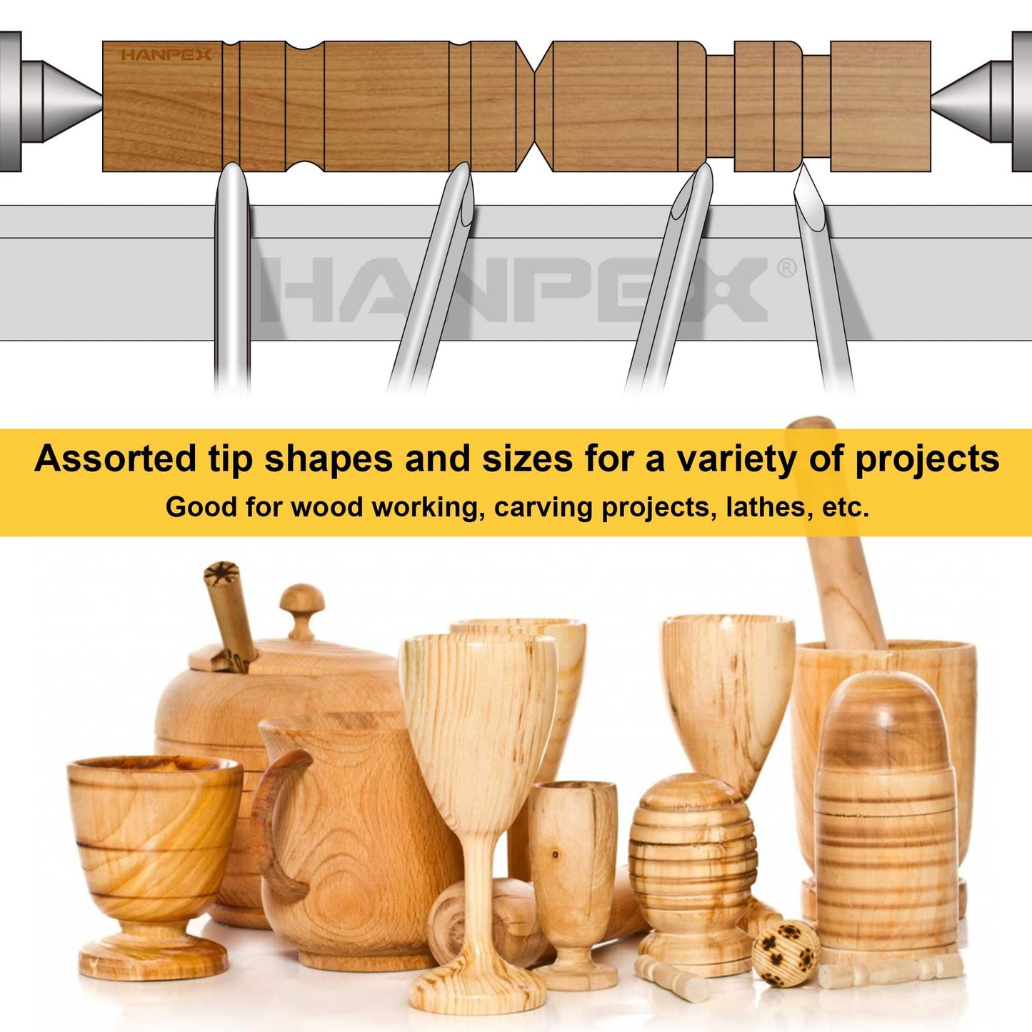 Hanpex 8 Piece Heavy Duty Wood Turning Chisel Set, Lathe Chisel Cutting Tools, (3) Gouge (1) Round Nose (1) Spear Point (2) Skew and (1) Parting Tools for Beginner to Professional