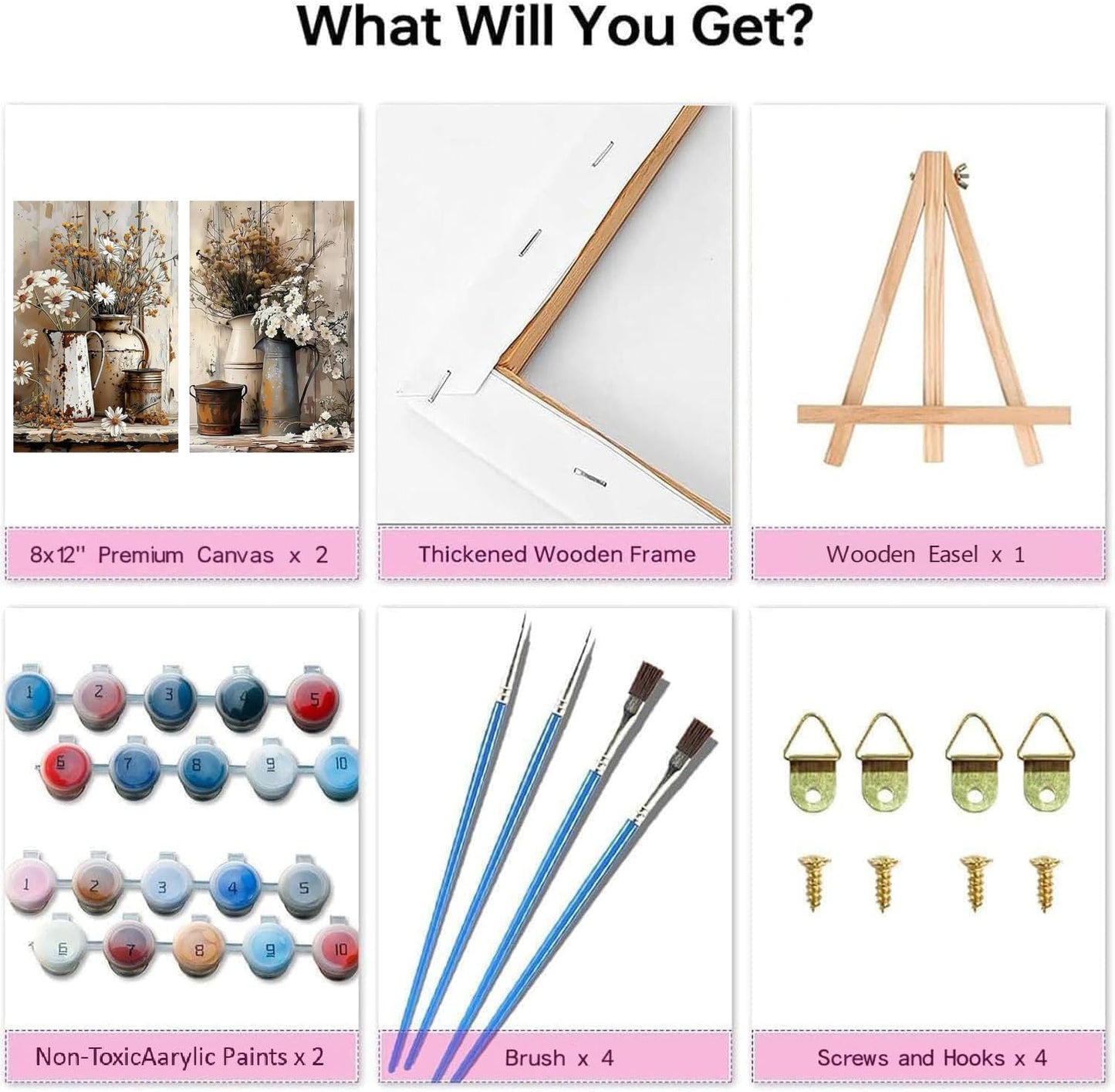 2Pack Flowers Paint by Numbers Kit for Adults Beginners, Floral in Tin Cans Adults Paint by Number Kits with framed-Wood Easel, DIY Acrylic Oil Painting by Numbers Crafts for Home Wall Decor 8X12 Inch