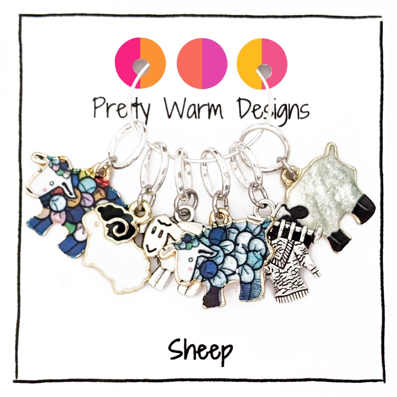Pretty Warm Designs Sheep Stitch Markers with Storage Tin, Set of 6 Snag Free Rings Fits up to US 8 (5mm) Needles