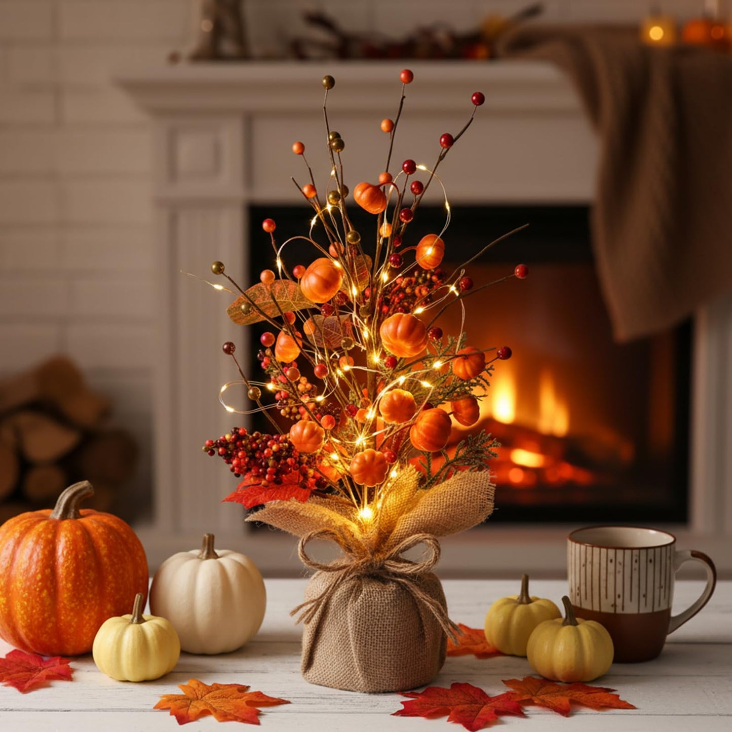 Pinkunn Fall Thanksgiving Centerpieces for Tables Decorations 16 Inch Lighted Fall Tree Tabletop with Artificial Pumpkins Berries Leaves Burlap Base Autumn Decor for Home Indoor Office Desk Party