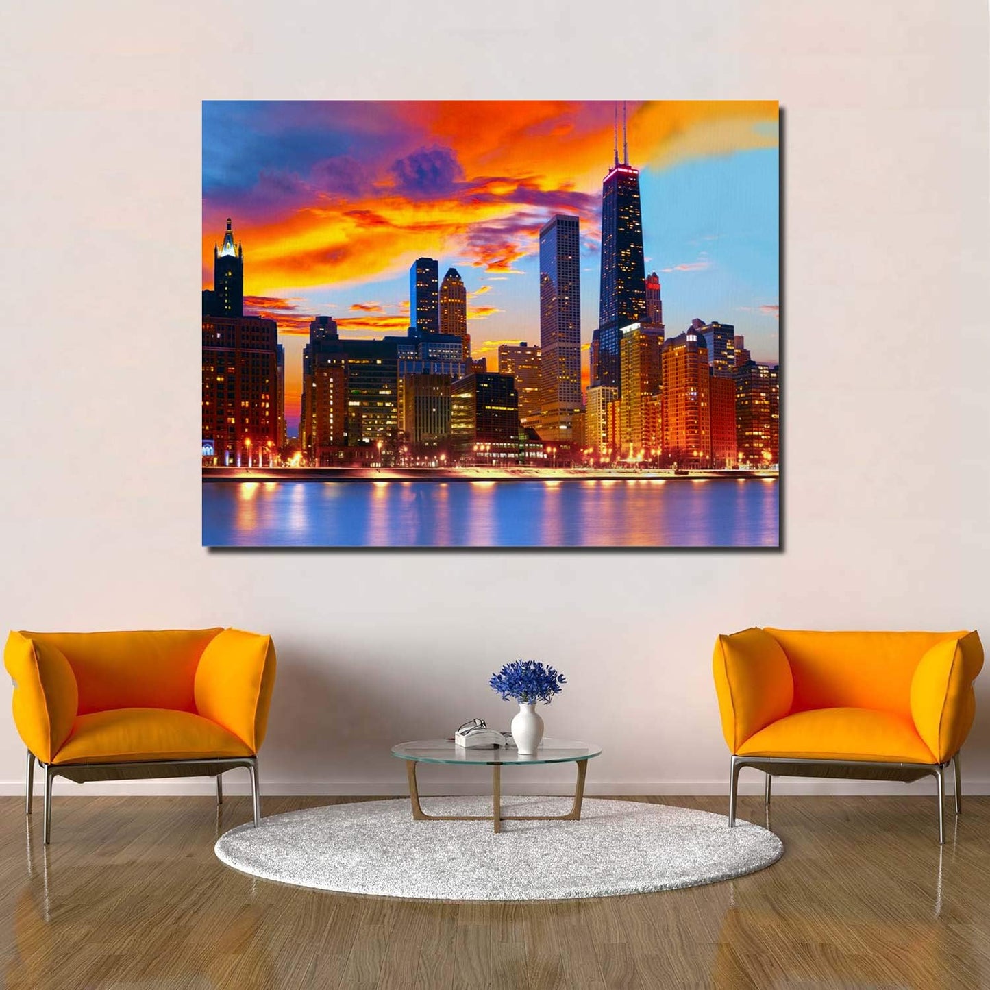 Canvas Wall Art - Chicago Skyline at Dusk, Modern Gallery Decor, Stretched and Framed 12" x 16"