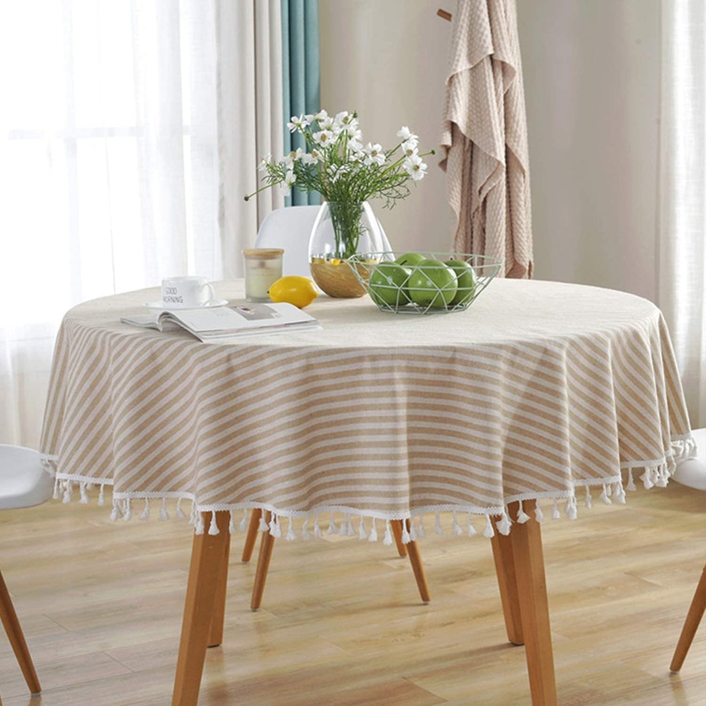 39 Inch) meioro Round Tablecloth Stripe Tassel Table Cloth Cotton Blend Dust-Proof Table Cover for Dining Circle Coffee