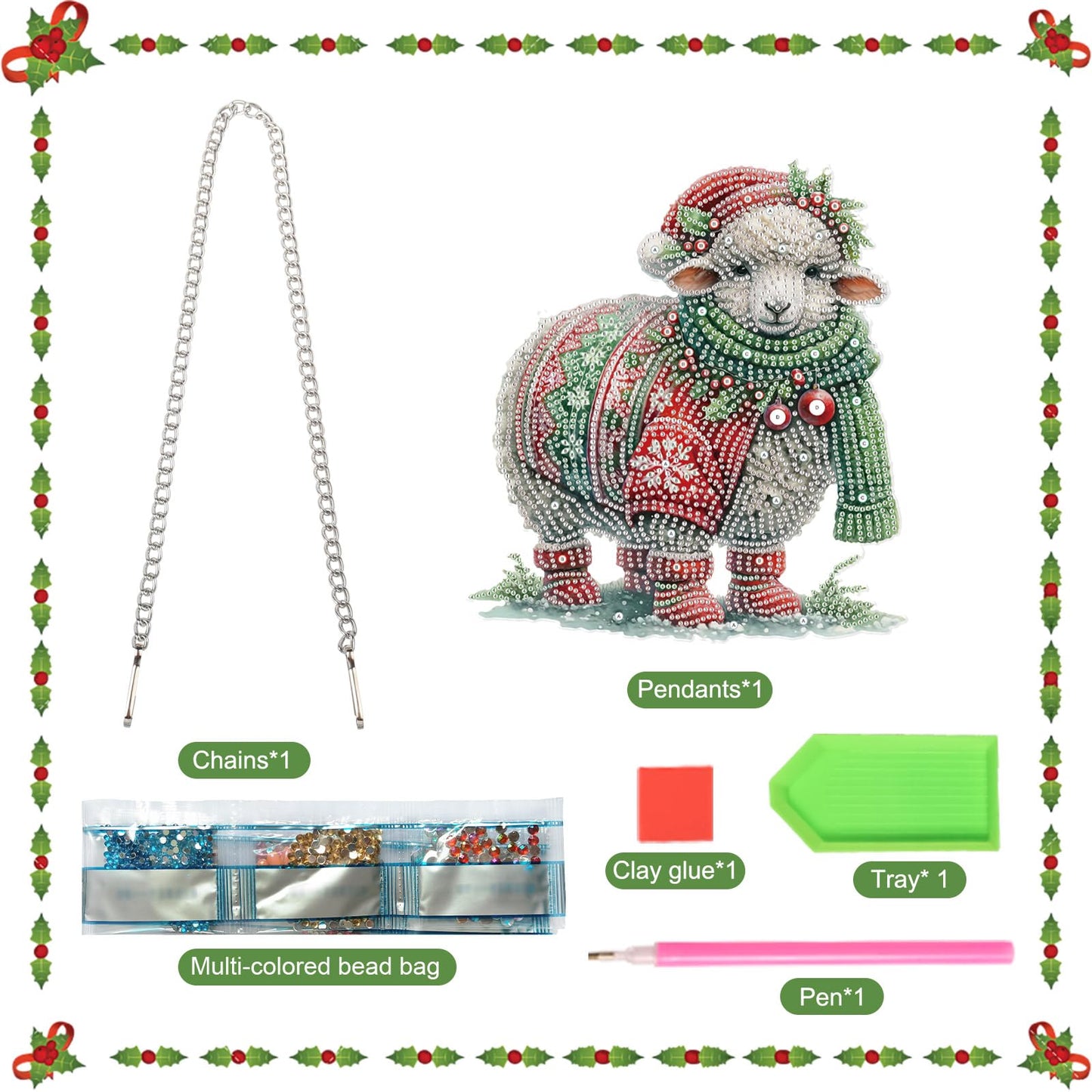 Focart 5D DIY Acrylic Special Shaped Diamonds Painting Hanging Pendant Kits, Christmas Sheep Diamond Art Hanging Window Pendant Ornament for Home Decoration and Gift