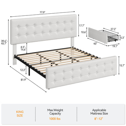 GAOMON King Size Bed Frame with 4 Storage Drawers and Headboard, Faux Leather Upholstered Platform Bed Frame with Wooden Slats Support, Button Tufted Design, No Box Spring Needed, White