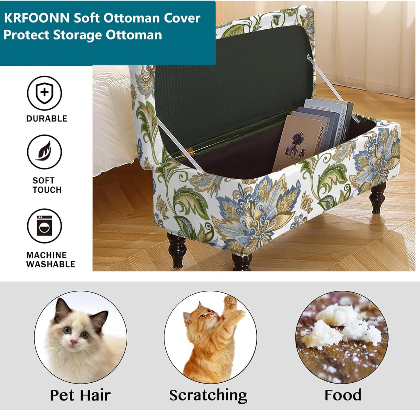 13) KRFOONN Rectangle Ottoman Covers Stretch Folding Storage Ottoman Bench Cover Printed Storage Footstool Covers