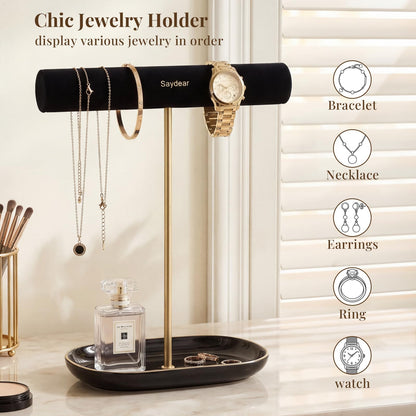 Saydear Velvet Jewelry Organizer Stand, T-Bar Necklace Holder with Ceramic Ring Dish Tray, Watch & Bracelet Display Organizer for Vanity, Dresser, Nightstand, Luxury Gift for Women Black