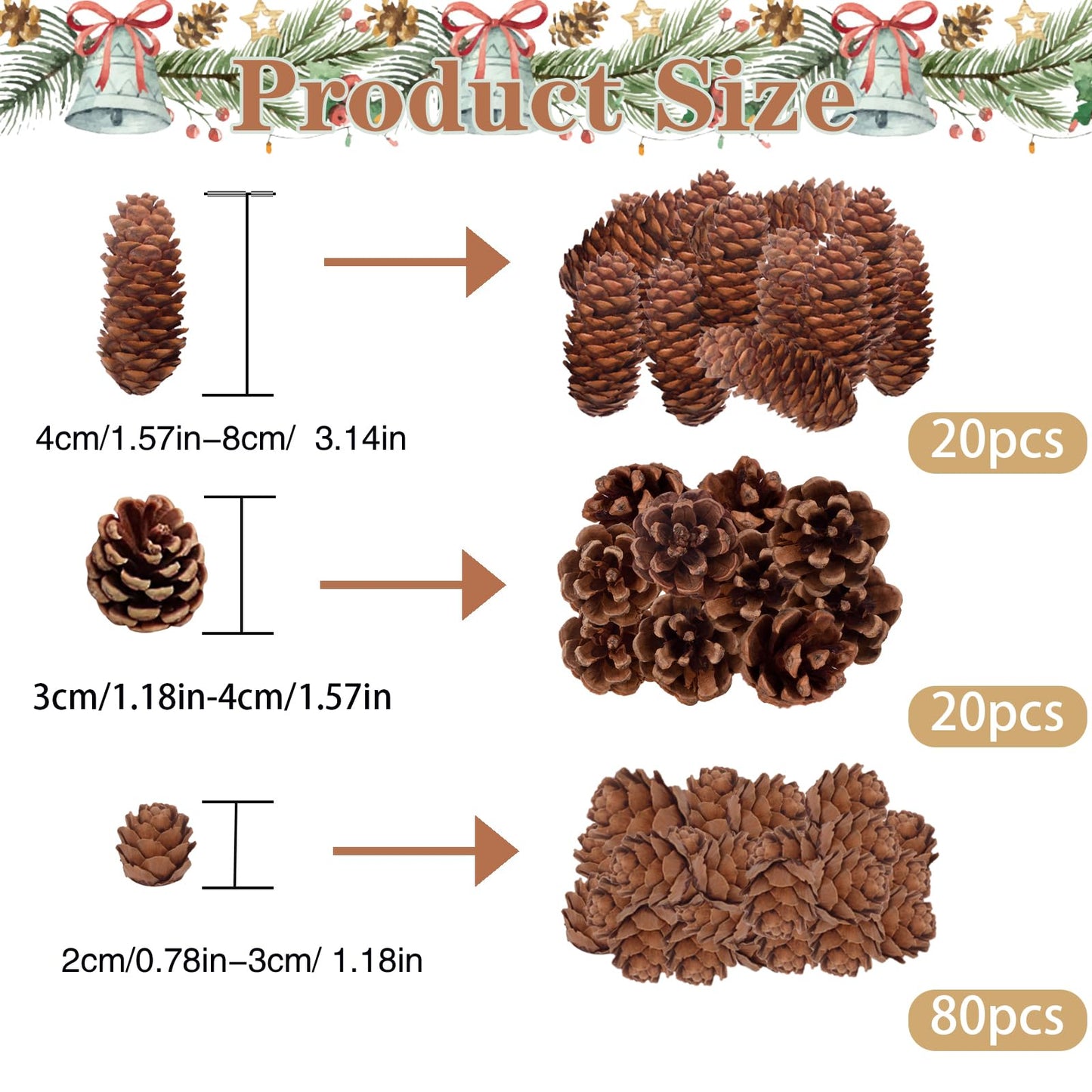 120PCS Natural Pine Cones for Decorating, 1" ~ 3.15" Inch Tall Mini Pinecones for Crafts, Tree Ornaments, Wreath, Wedding, Vase Fillers, Garland & Holiday Centerpieces (Fall/Winter/Xmas) Decor