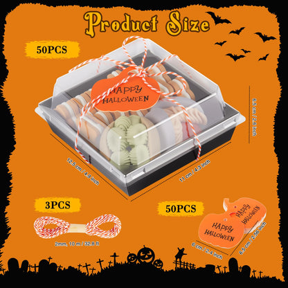 Yaomiao 50 Pcs Halloween Pumpkin Charcuterie Boxes with Clear Lid Rope Card 5.3 Inch Square Disposable Paper Food Containers Bakery Dessert Treat Boxes for Cake Cookie Sandwich Halloween Party Favor