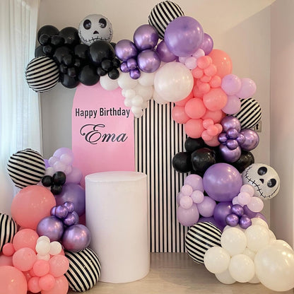 148 Pcs Halloween Balloon Arch Garland Kit, Pastel Pink Purple Black Halloween Birthday Party Decoration Stripe Skull Foil Balloons for Skeleton Haunted Yard Indoor Outdoor Spooky Party Supplies