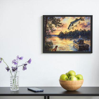 Sunset Fishing Adventure Diamond Art Painting Art Kits 5D DIY Diamond Art Kits Home Wall Decor 12x16 inch