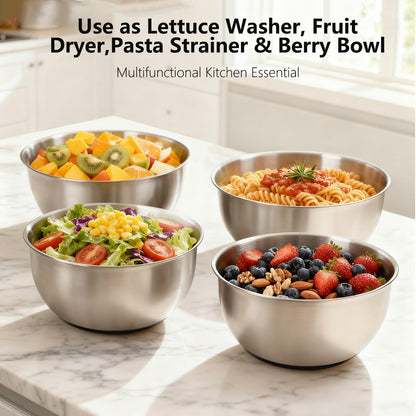 Large Salad Spinner with Storage Lid，5.29QT Stainless Steel Spin Dry Salad Greens Fruit Washing Bowl with Strainer Vegetable Cleaner washer Lettuce Spinner with slicer and julienne cutter