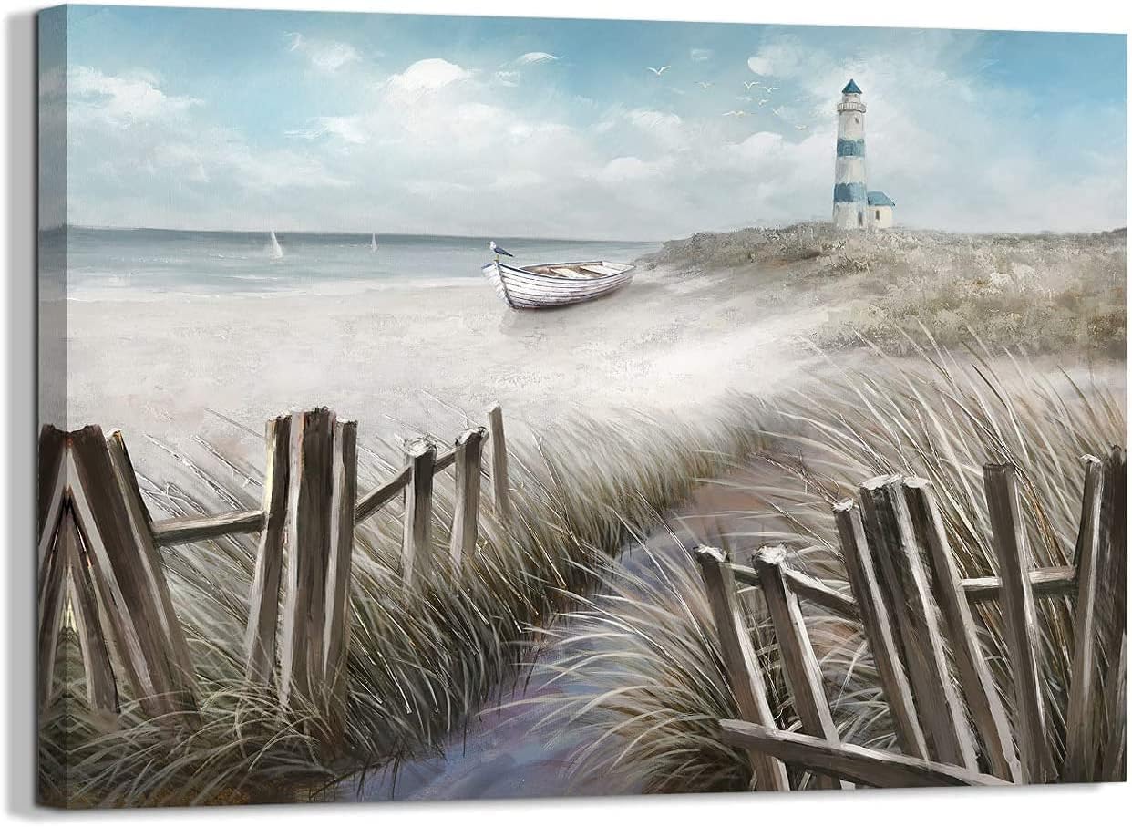 LAIART Ocean Seascape Blue Canvas Wall Art - Modern Lighthouse Prints for Bedroom Bathroom Living Room